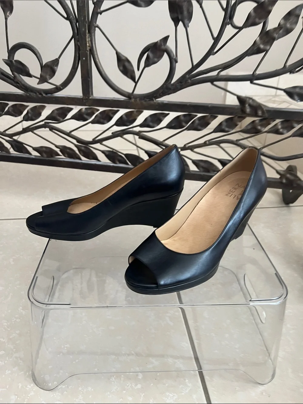 Naturalizer Black Peep-Toe Wedge Pumps